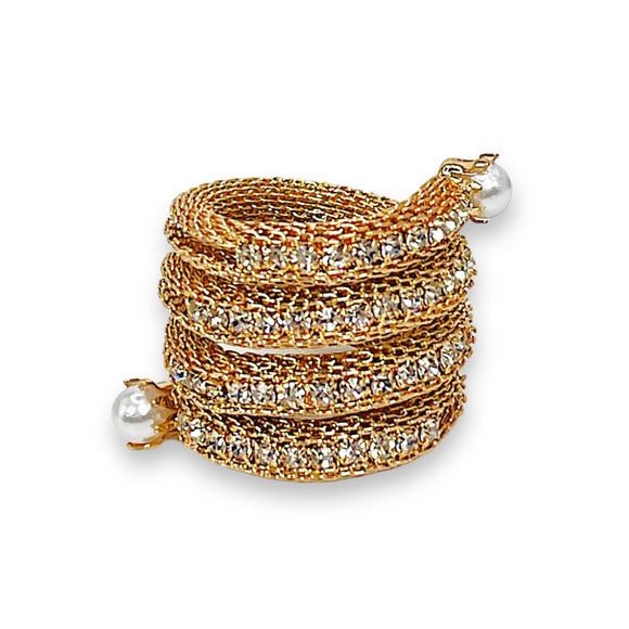 Size 6 Bebe Gold Mesh Coil Ring with Pearls and Rhinestones - Picture 1 of 5
